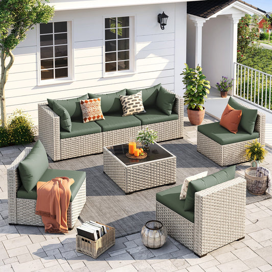 Outdoor Patio Furniture Set, 7 Pcs PE Wicker Sectional Sofa with Tea Table, Outdoor Conversation Set for Patio, Garden, Backyard (Green Cushions with Light Grey Rattan)