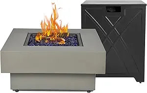 32.5-inch Fire Table with Natural Gas Conversion Kit, 50,000BTU Outdoor Modern Patio Fire Pit Table w/Square Burner Lid, Glass R