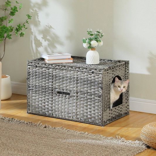 Rattan Cat Litter Box Enclosure Furniture with Door, Handwoven Hidden Litter Box, Odor Control, Cat House Bed