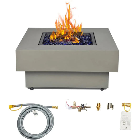 32.5-inch Fire Table with Natural Gas Conversion Kit, 50,000BTU Outdoor Modern Patio Fire Pit Table w/Square Burner Lid, Glass R