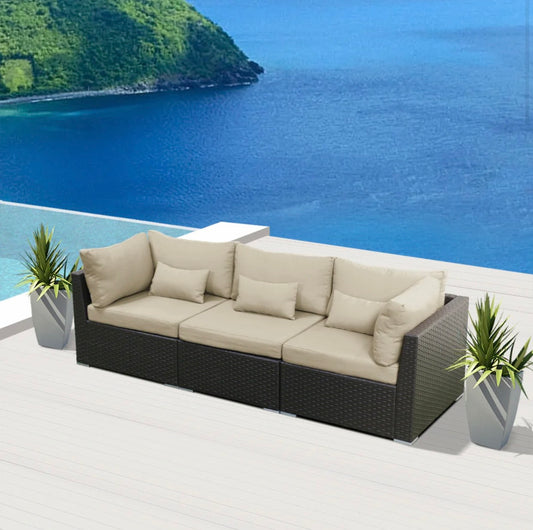 Khaki Light Beige Outdoor Modern Patio Wicker Furniture Sofa Set Sunset Beach 3 Three Piece