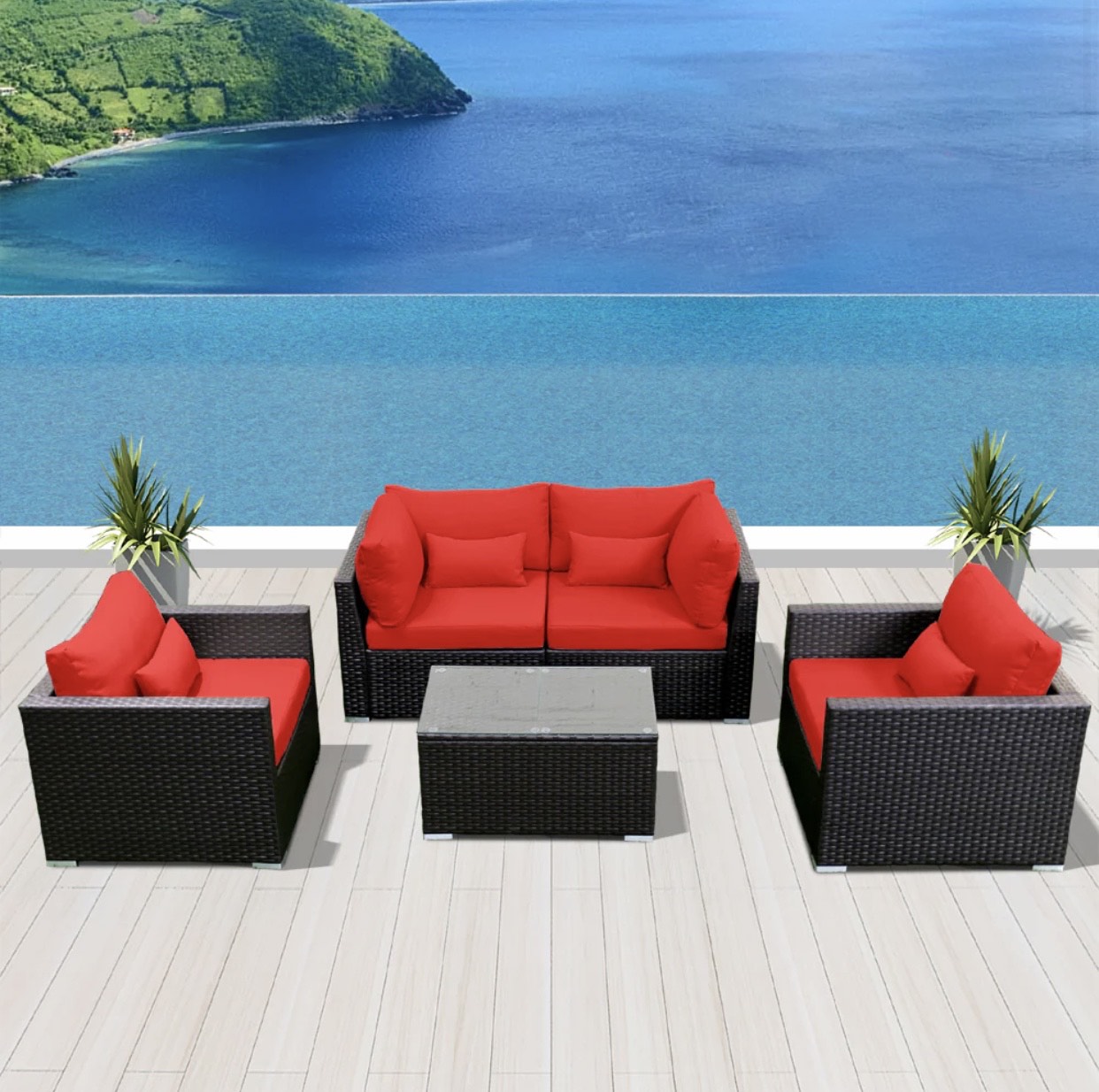 Crimson Red Outdoor Modern Wicker Patio Furniture Sofa Set 5 Piece Five