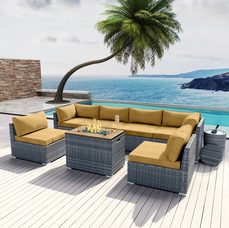 Beige Dark Brown Collection 8 pcs Outdoor Patio Wicker Sectional with Rectangular Fire Pit Gray Wicker and Ice Champagne Bucket