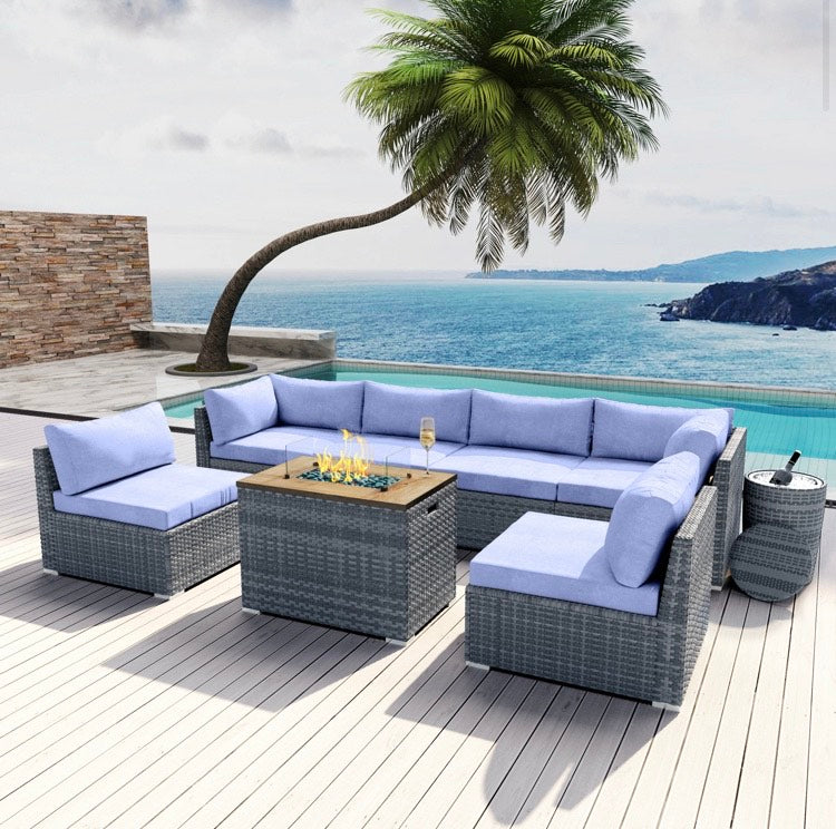 Lavender Collection 8 pcs Outdoor Patio Wicker Sectional with Rectangular Fire Pit Gray Wicker and Ice Champagne Bucket