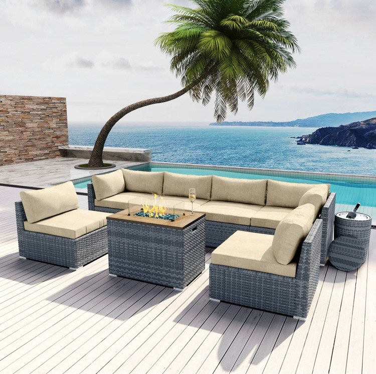 Khaki Light Beige Collection 8 pcs Outdoor Patio Wicker Sectional with Rectangular Fire Pit Gray Wicker and Ice Champagne Bucket