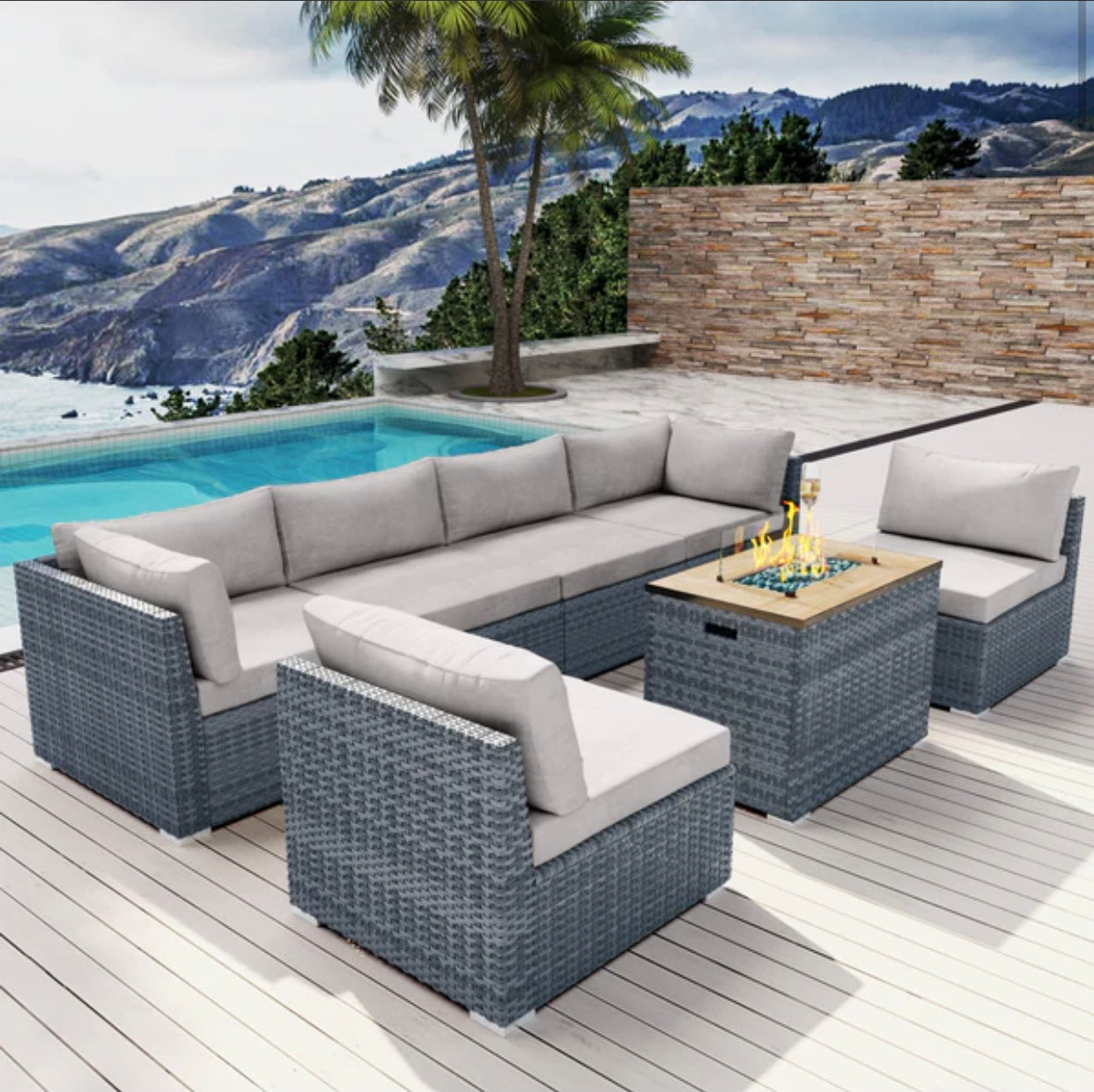 Grey Light Gray 7 Seven piece Outdoor Patio Furniture with Propane Fire Pit Gray Wicker Santa Monica Beach