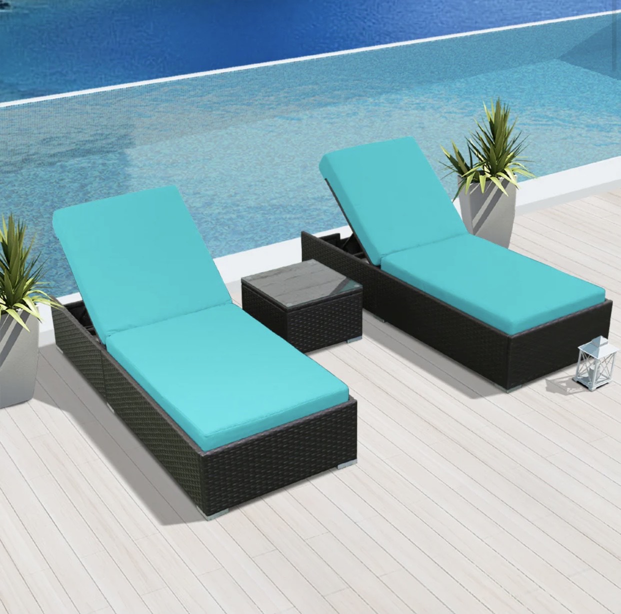 Turquoise Blue Modern Outdoor Big Lounger Set Three 3 Piece