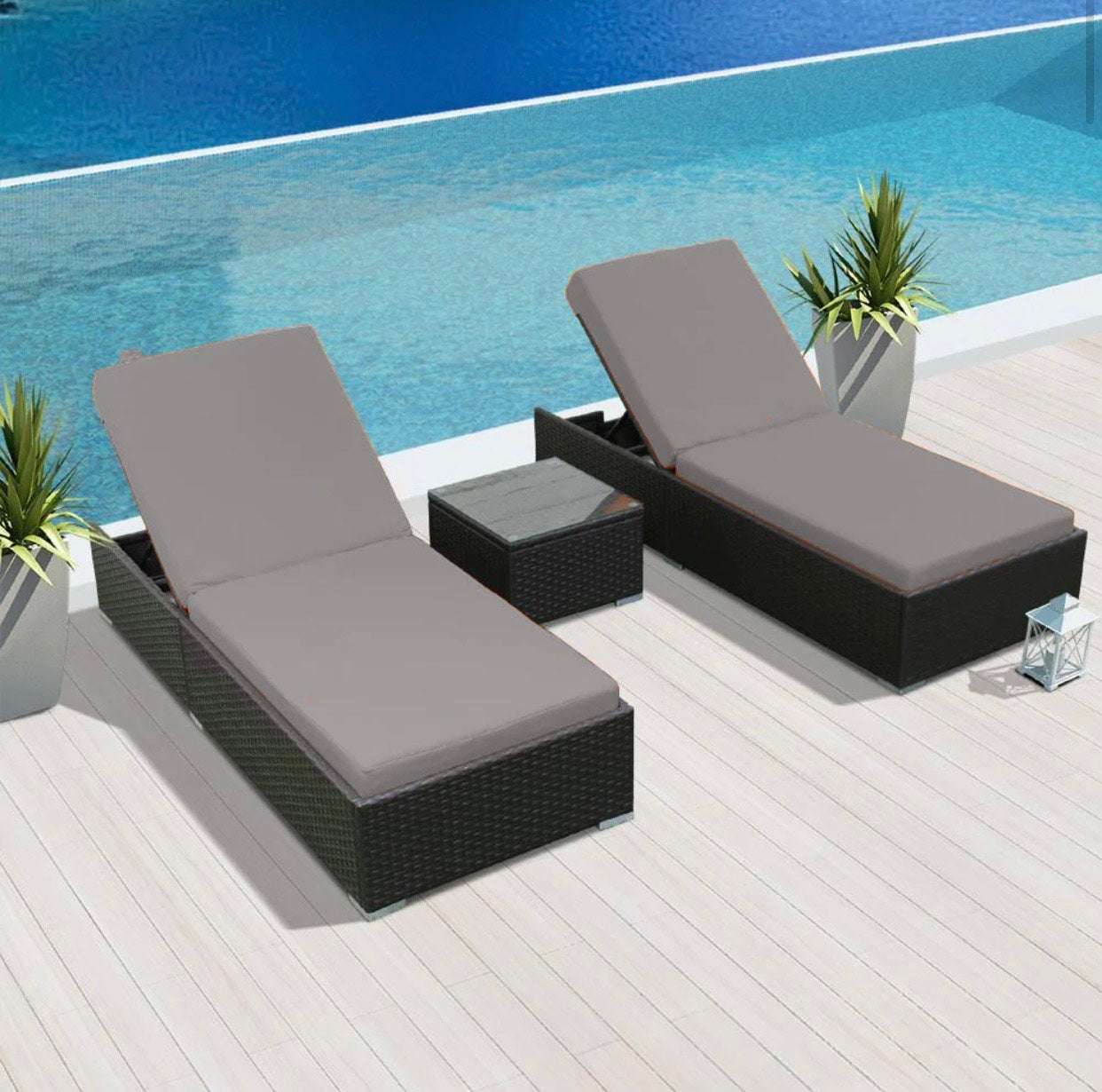 Gray Light Grey Modern Outdoor Big Lounger Set Three 3 Piece