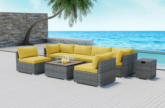 Royal Yellow Outdoor Sectional with Square Fire Pit Huntington Beach 8 pcs Eight Piece