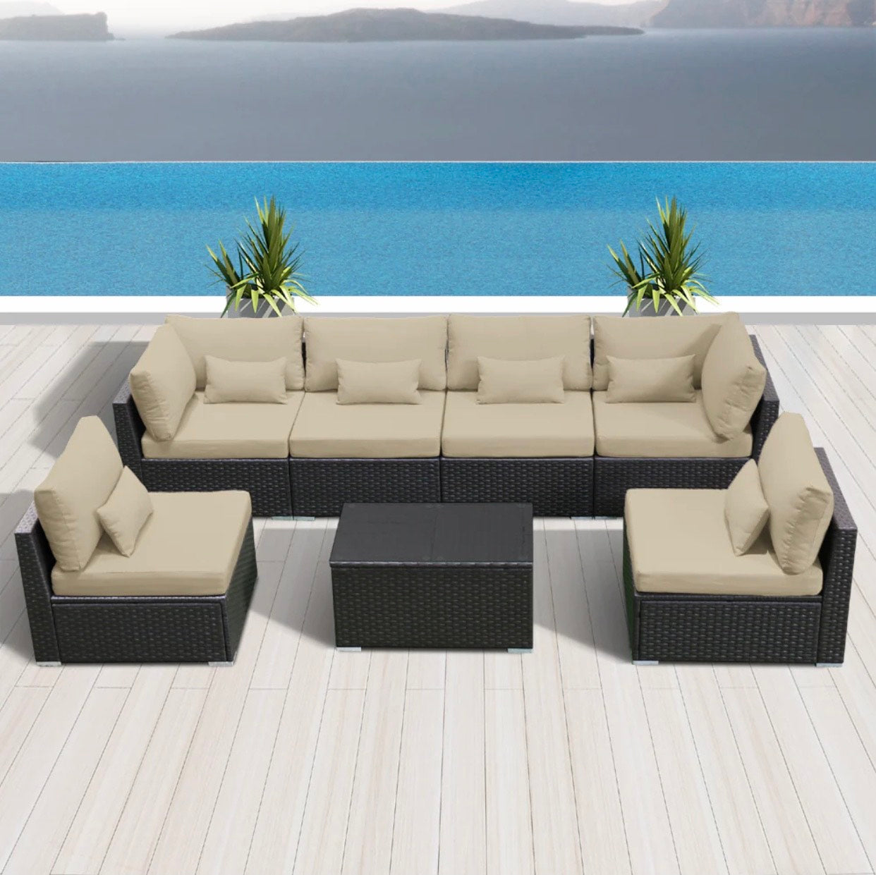 Khaki Light Beige Outdoor Wicker Furniture (Espresso Brown) El Segundo 7 Piece Seven