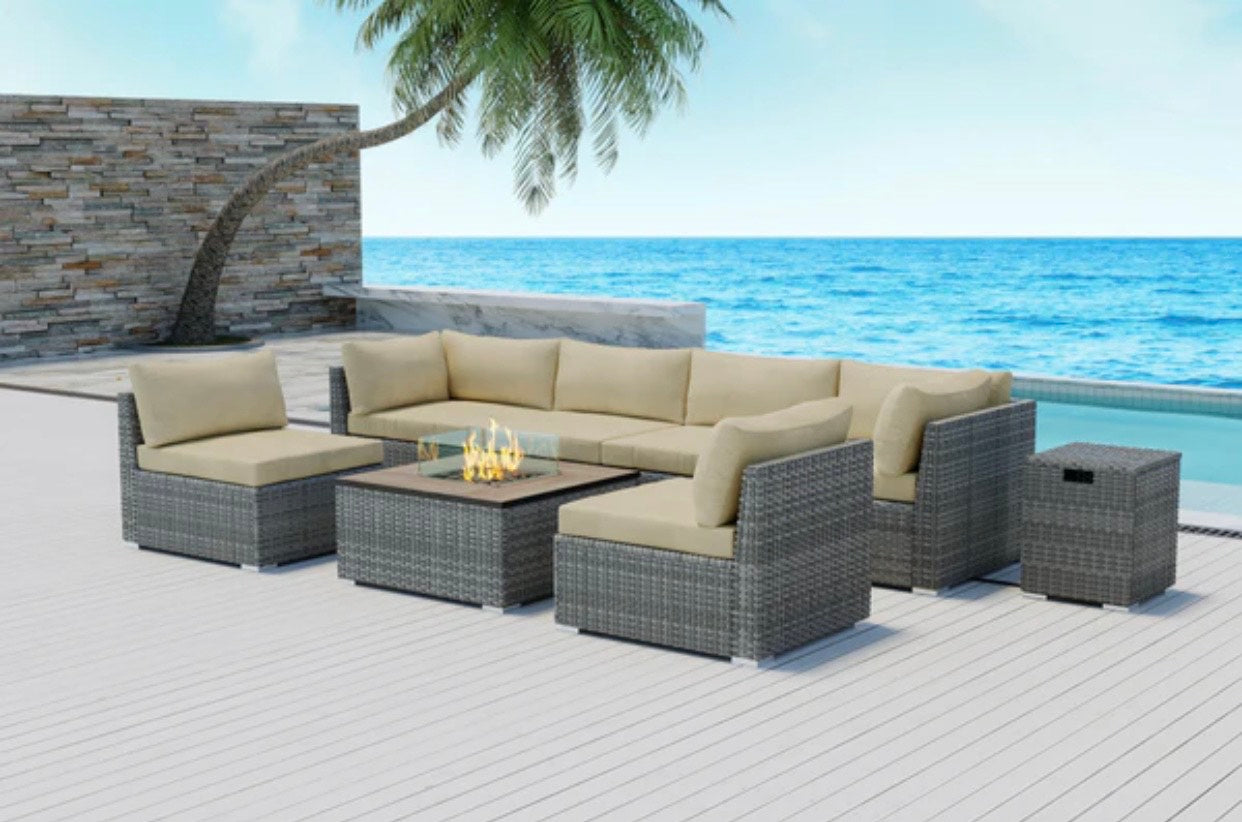 Khaki Light Beige Outdoor Sectional with Square Fire Pit Huntington Beach 8 pcs Eight Piece