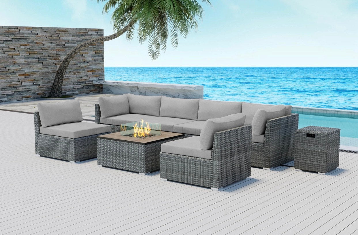 Grey Light Gray Outdoor Sectional with Square Fire Pit Huntington Beach 8 pcs Eight Piece