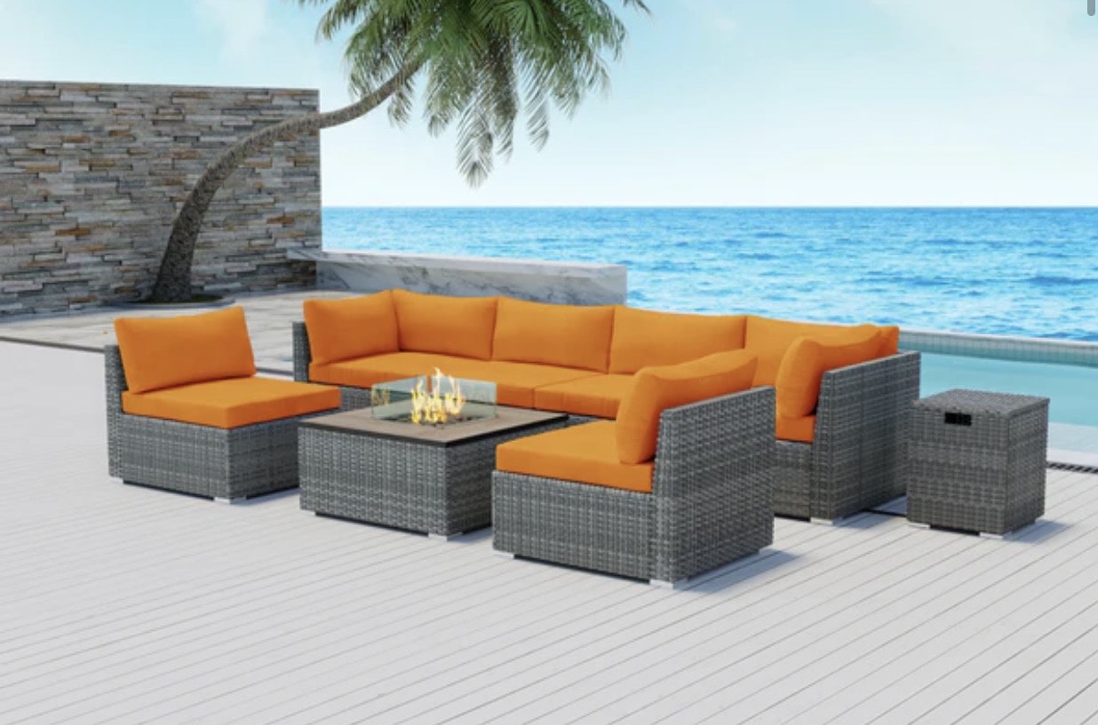 Orange Outdoor Sectional with Square Fire Pit Huntington Beach 8 pcs Eight Piece