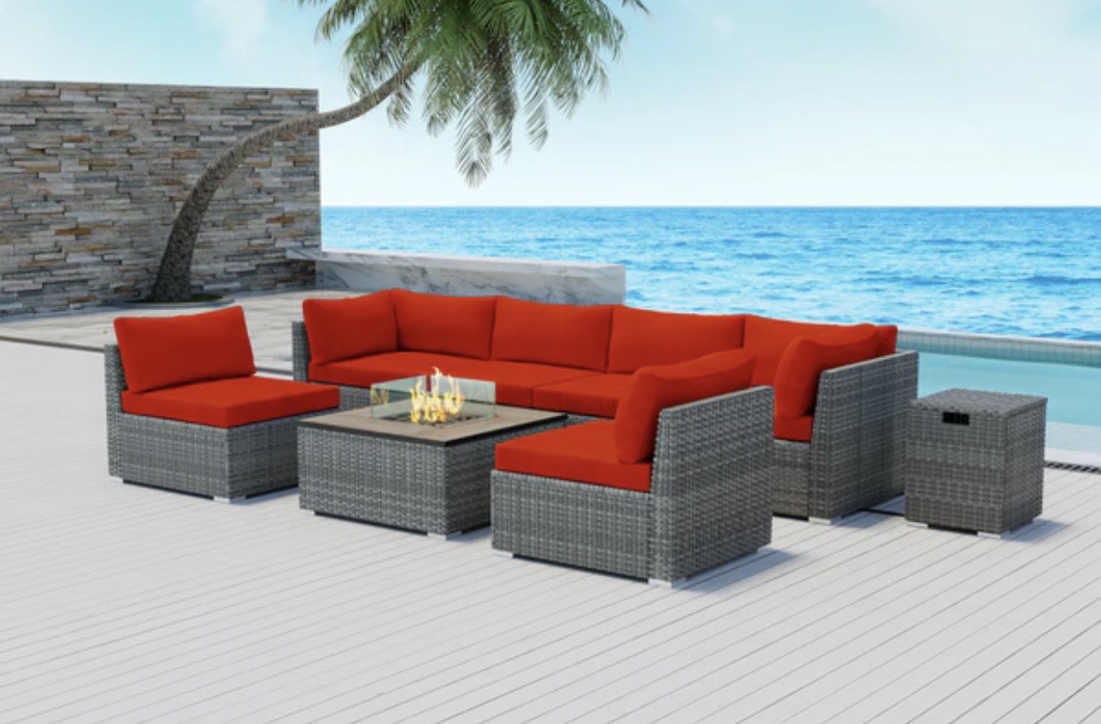Crimson Red Outdoor Sectional with Square Fire Pit Huntington Beach 8 pcs Eight Piece