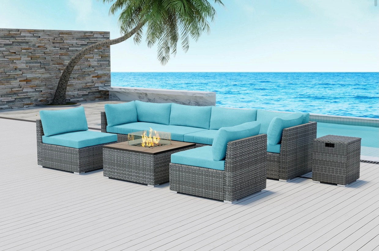 Blue Turquoise Outdoor Sectional with Square Fire Pit Huntington Beach 8 pcs Eight Piece