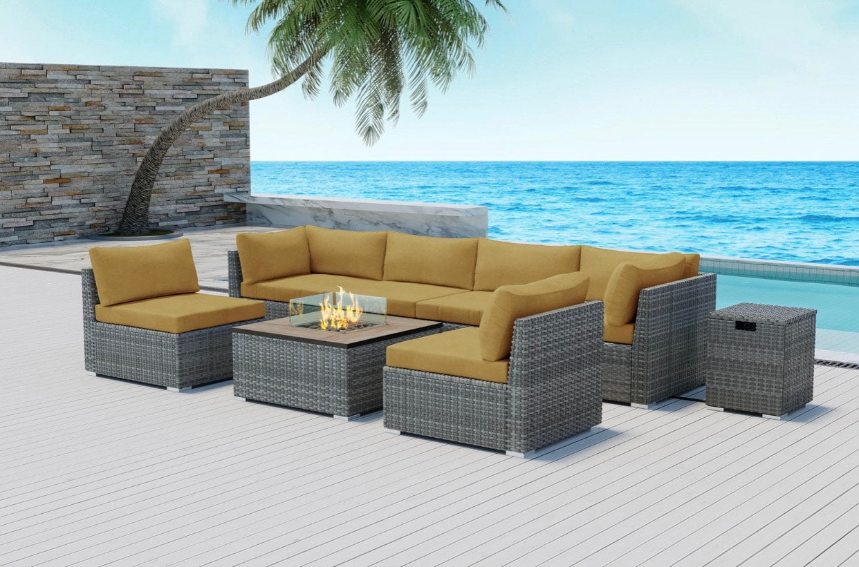 Beige Dark Brown Outdoor Sectional with Square Fire Pit Huntington Beach 8 pcs Eight Piece