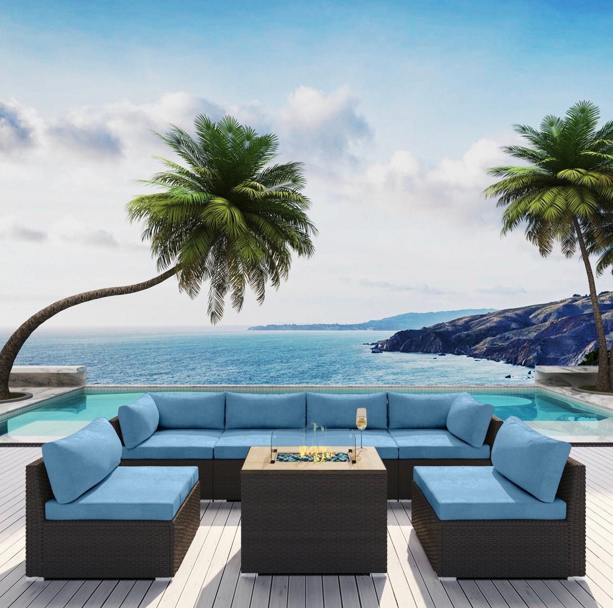 Blue Big Espresso Brown Hermosa Outdoor Furniture Hermosa Beach 7 Piece Seven