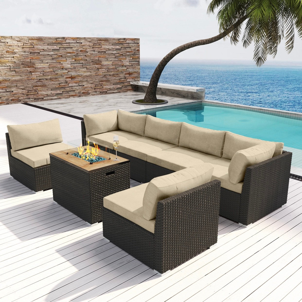 Khaki Light Beige Big Espresso Brown Hermosa Outdoor Furniture Hermosa Beach 7 Piece Seven