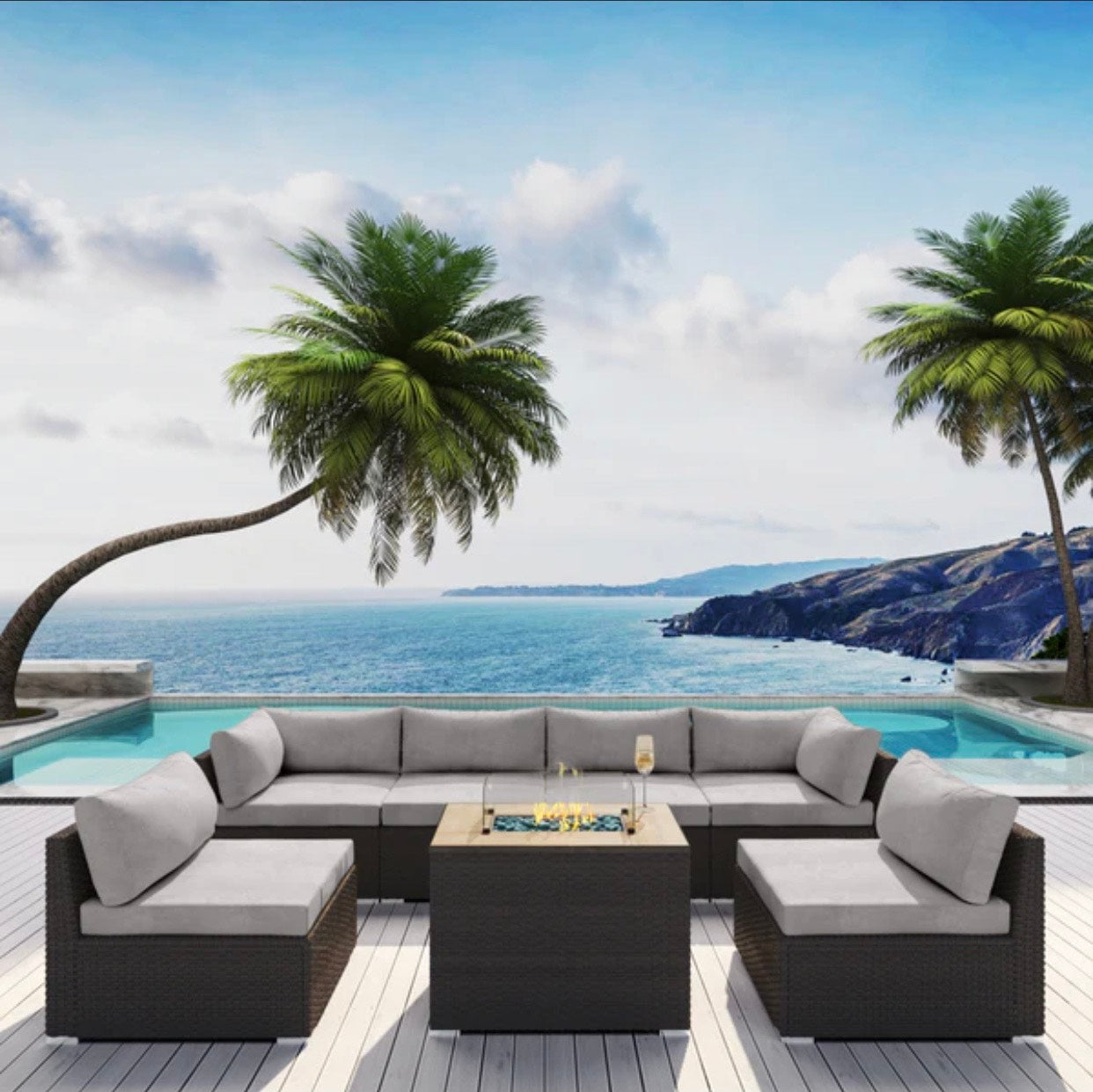 Grey Light Gray Big Espresso Brown Hermosa Outdoor Furniture Hermosa Beach 7 Piece Seven