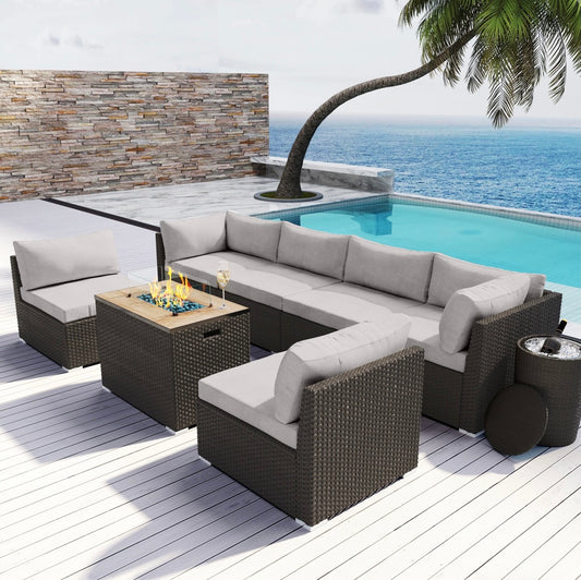 Outdoor Wicker Furniture 8 Piece with Wine Ice Bucket Newport Beach