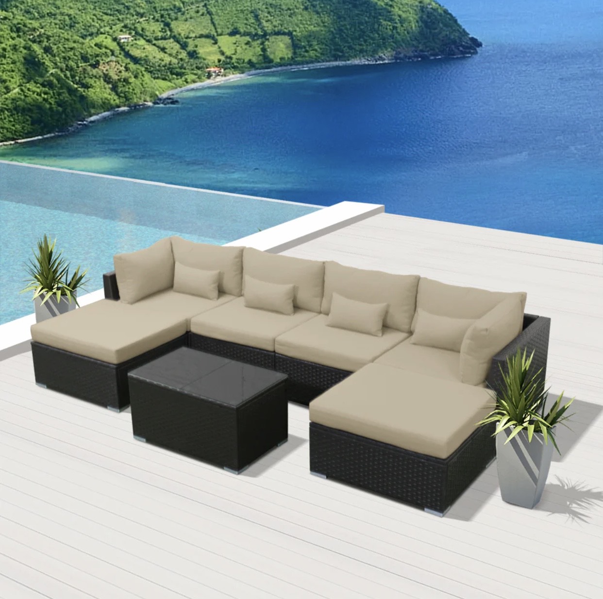 Khaki Light Beige Outdoor Modern Patio Furniture Long Beach 7 Piece Seven