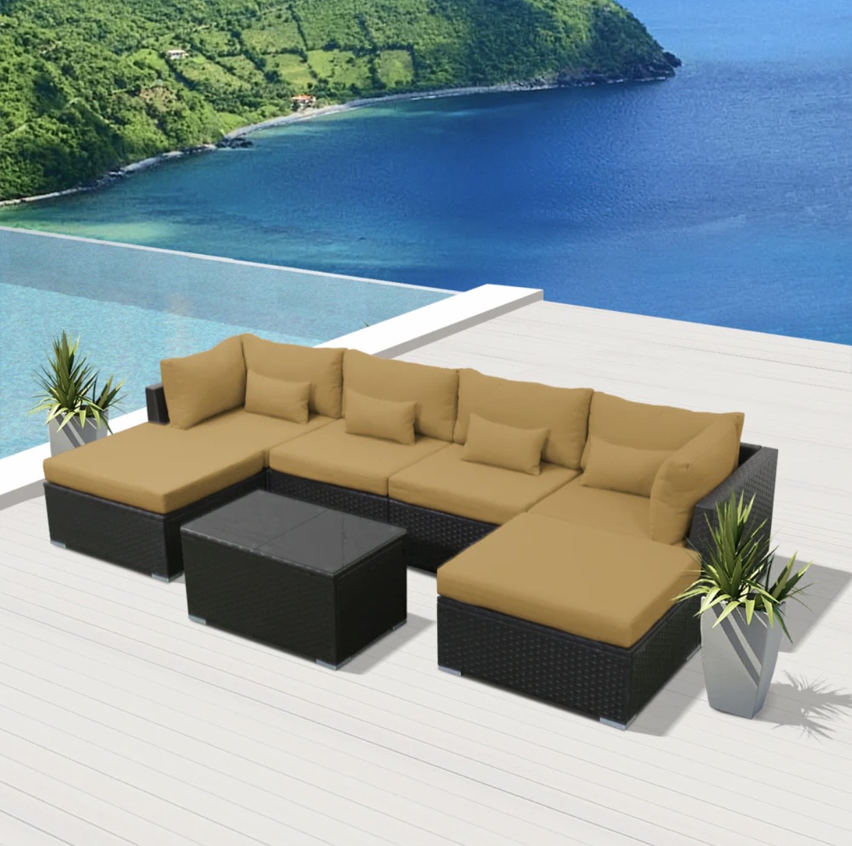 Beige Dark Brown Outdoor Modern Patio Furniture Long Beach 7 Piece Seven