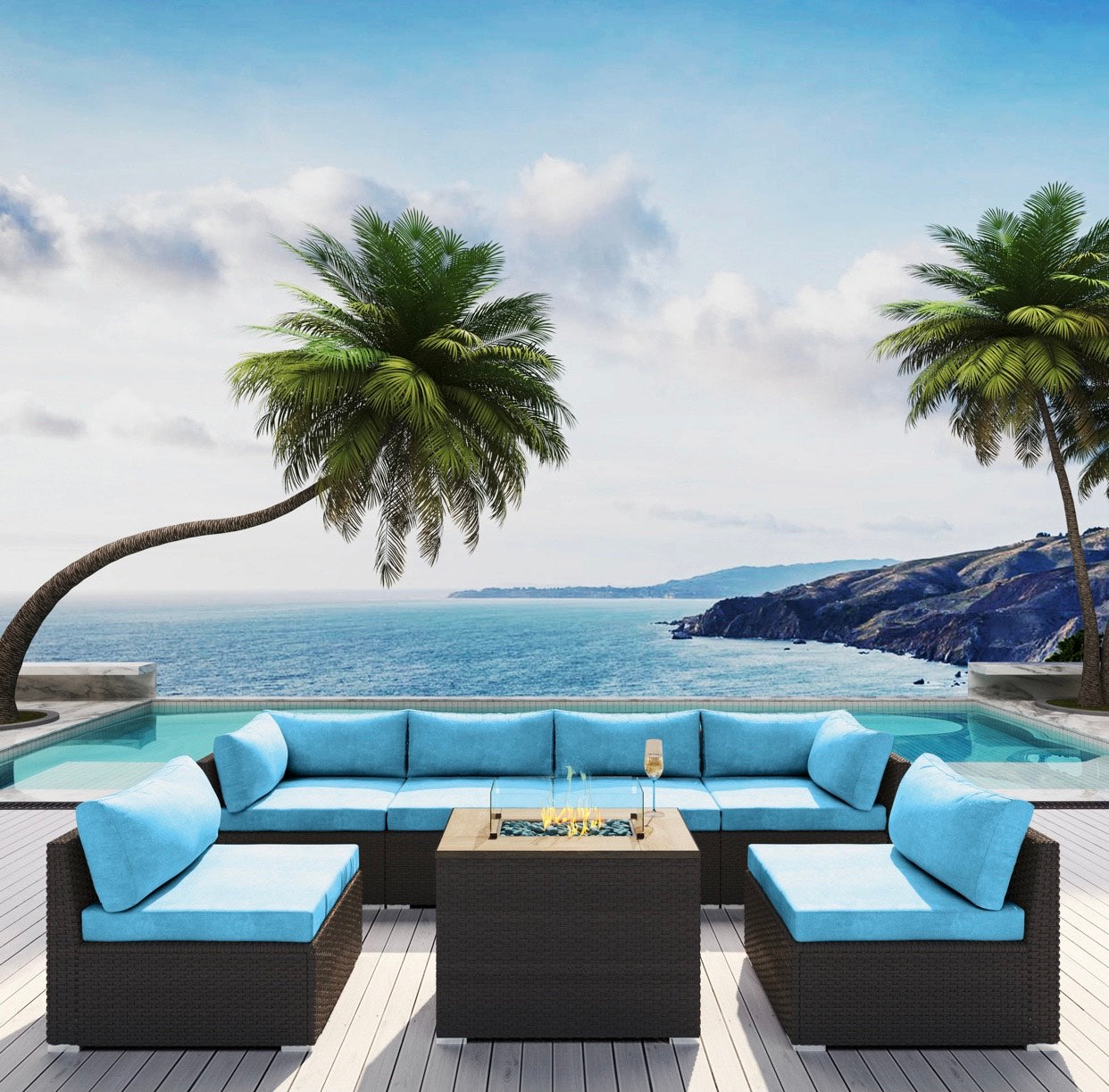 Sky Blue Big Espresso Brown Hermosa Outdoor Furniture Hermosa Beach 7 Piece Seven