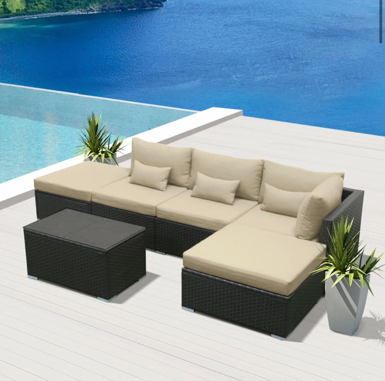 Khaki Light Beige Rattan Outdoor Garden Furniture Sets in 6 Pieces Six