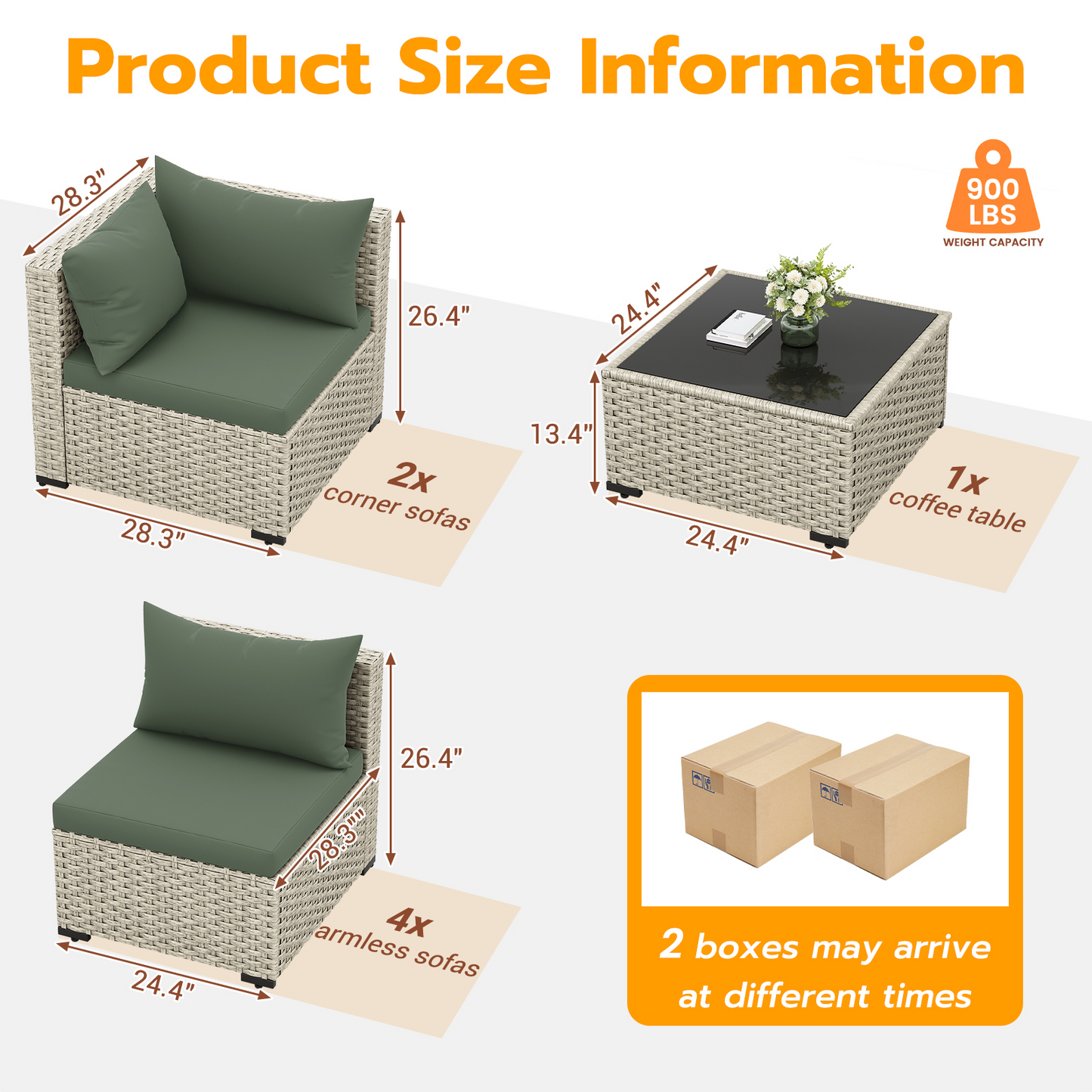Outdoor Patio Furniture Set, 7 Pcs PE Wicker Sectional Sofa with Tea Table, Outdoor Conversation Set for Patio, Garden, Backyard (Green Cushions with Light Grey Rattan)
