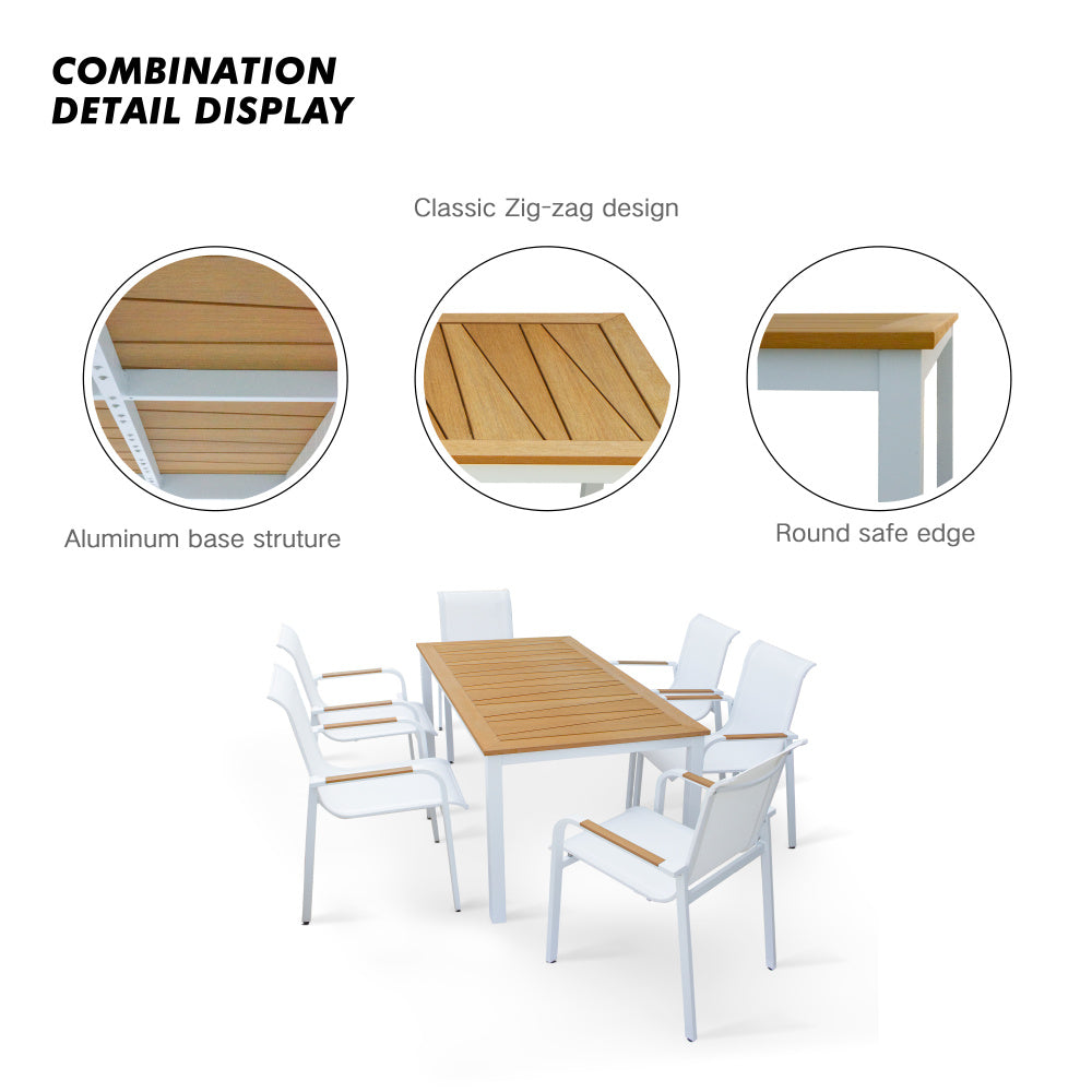 Carmel Outdoor Dining Set, Luxury Faux Wood Tabletop &amp; Arm-rest Commercial Grade Powder-Coasted Aluminum Base, 7 Pieces Outdoor Dining Set