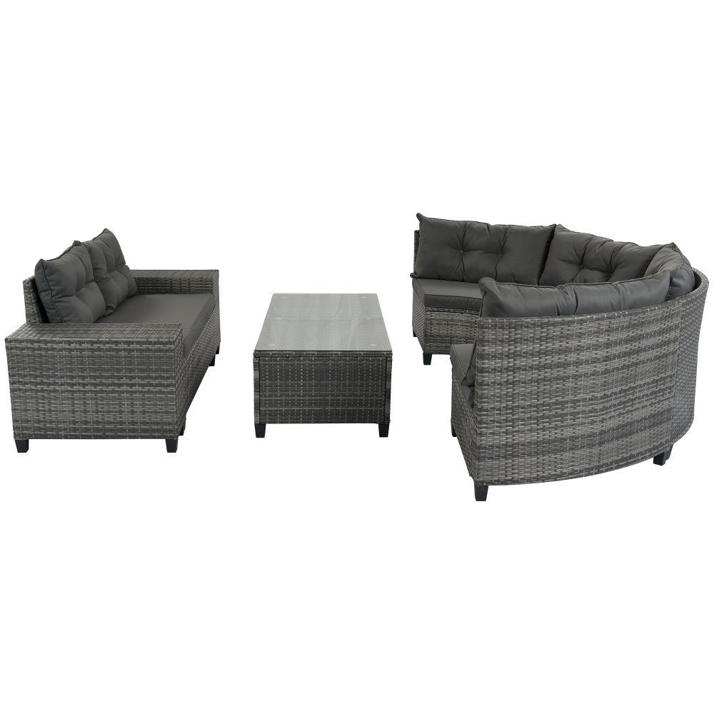 GO 8-pieces Outdoor Wicker Round Sofa Set, Half-Moon Sectional Sets All Weather, Curved Sofa Set With Rectangular Coffee Table, PE Rattan Water-resistant and UV Protected, Movable Cushion, Beige