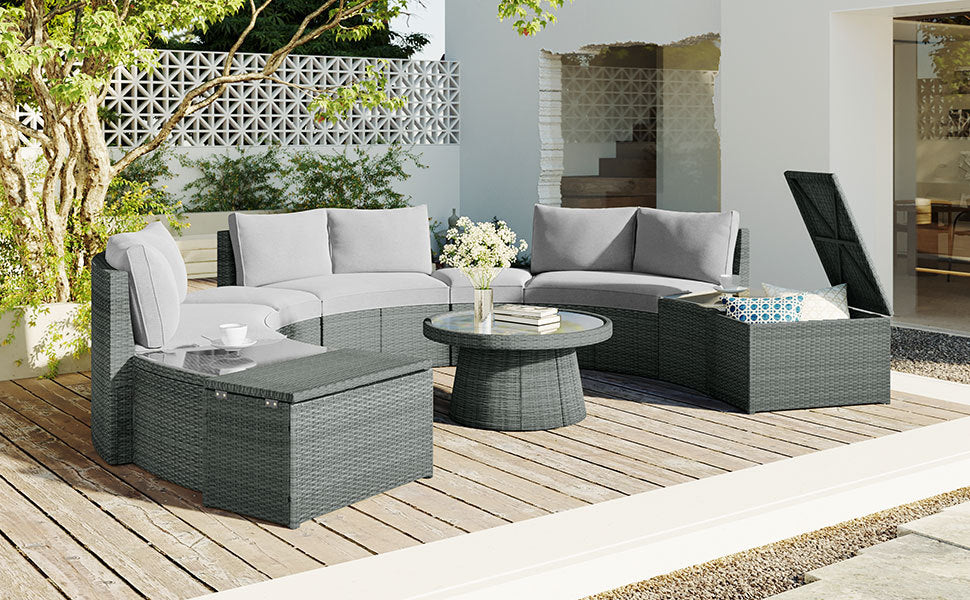 TOPMAX 10-Piece Outdoor Sectional Half Round Patio Rattan Sofa Set, PE Wicker Conversation Furniture Set for Free Combination, Light Gray