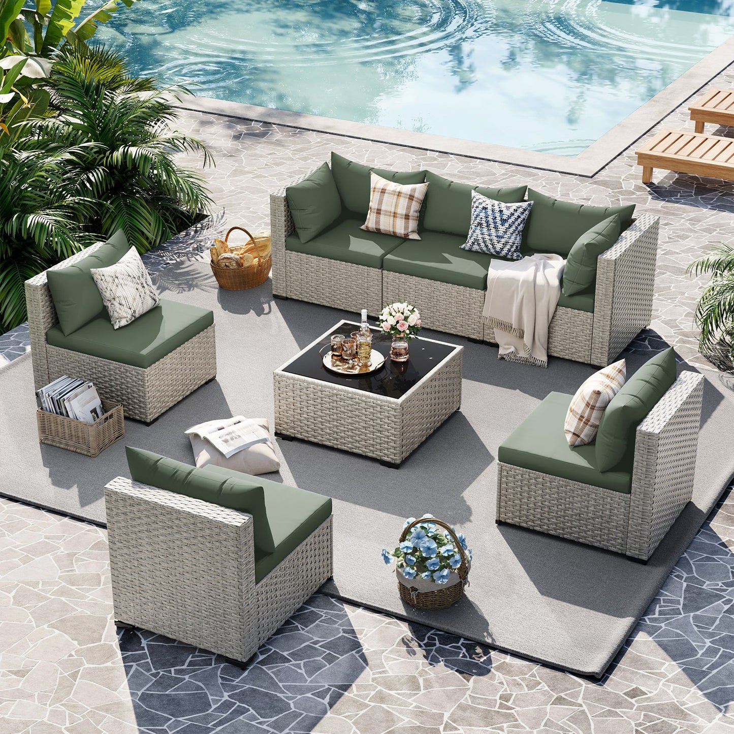Outdoor Patio Furniture Set, 7 Pcs PE Wicker Sectional Sofa with Tea Table, Outdoor Conversation Set for Patio, Garden, Backyard (Green Cushions with Light Grey Rattan)