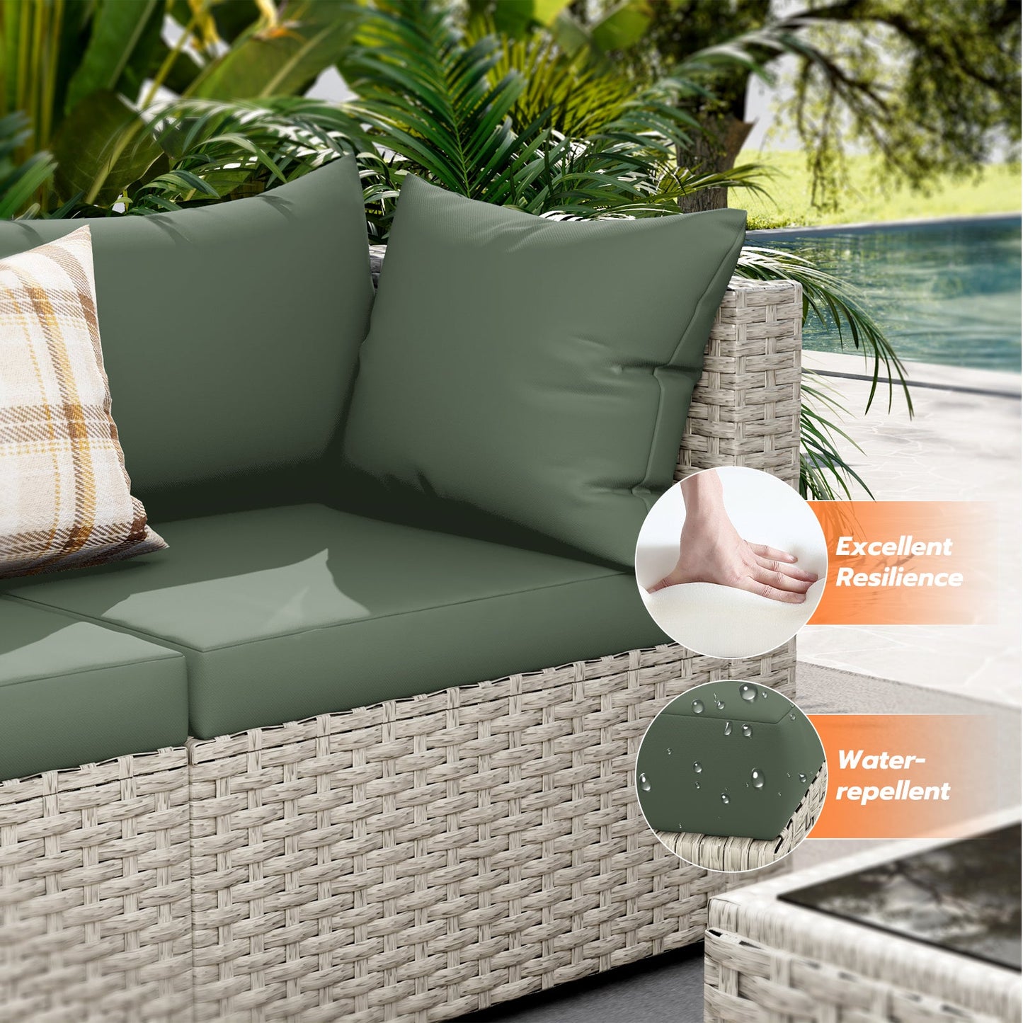 Outdoor Patio Furniture Set, 7 Pcs PE Wicker Sectional Sofa with Tea Table, Outdoor Conversation Set for Patio, Garden, Backyard (Green Cushions with Light Grey Rattan)
