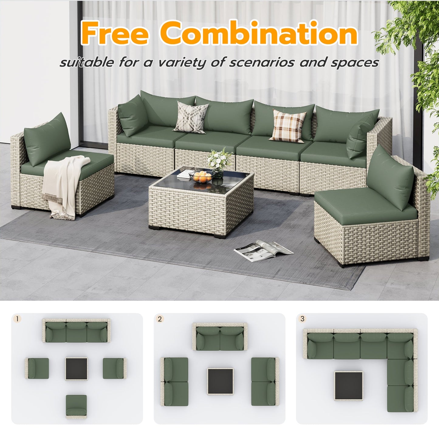 Outdoor Patio Furniture Set, 7 Pcs PE Wicker Sectional Sofa with Tea Table, Outdoor Conversation Set for Patio, Garden, Backyard (Green Cushions with Light Grey Rattan)