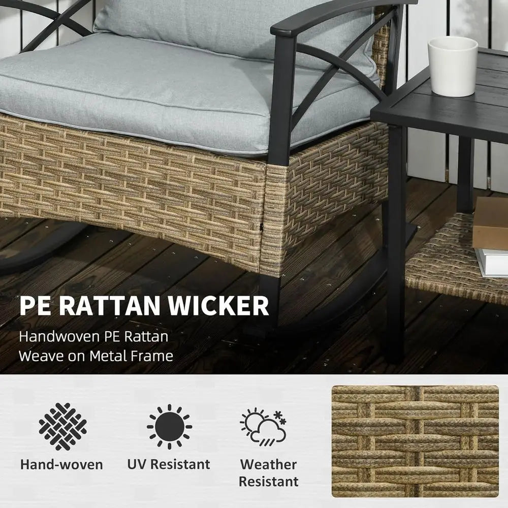 3-Piece Outdoor Wicker Rocking Chair Set with Cushions & 2-Tier Coffee Table, Light Gray