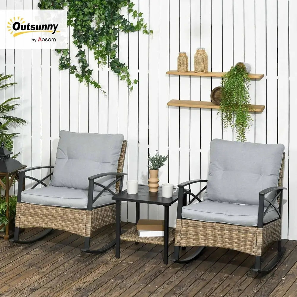 3-Piece Outdoor Wicker Rocking Chair Set with Cushions & 2-Tier Coffee Table, Light Gray