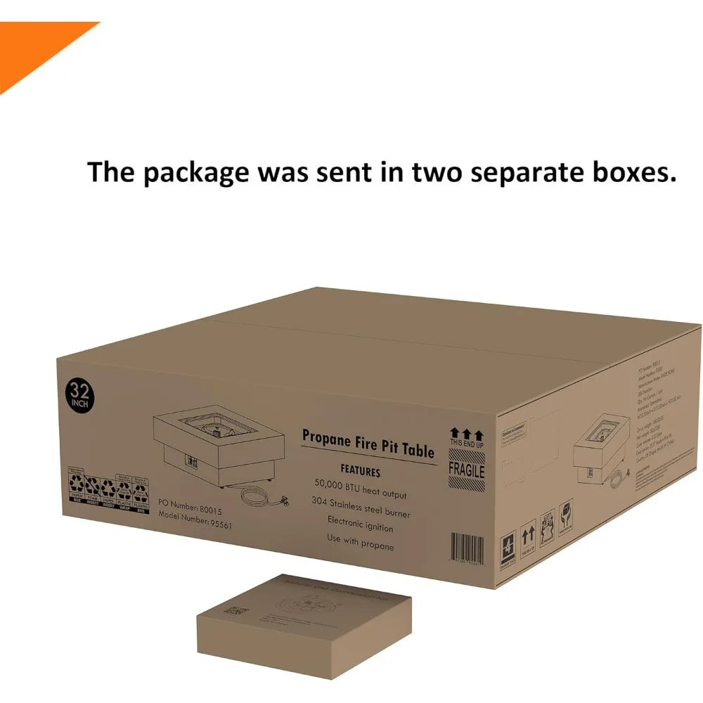 32.5-inch Fire Table with Natural Gas Conversion Kit, 50,000BTU Outdoor Modern Patio Fire Pit Table w/Square Burner Lid, Glass R