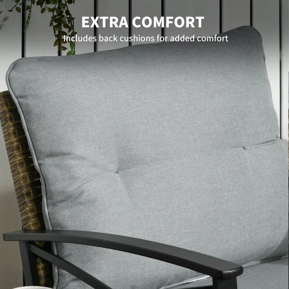 3-Piece Outdoor Wicker Rocking Chair Set with Cushions & 2-Tier Coffee Table, Light Gray
