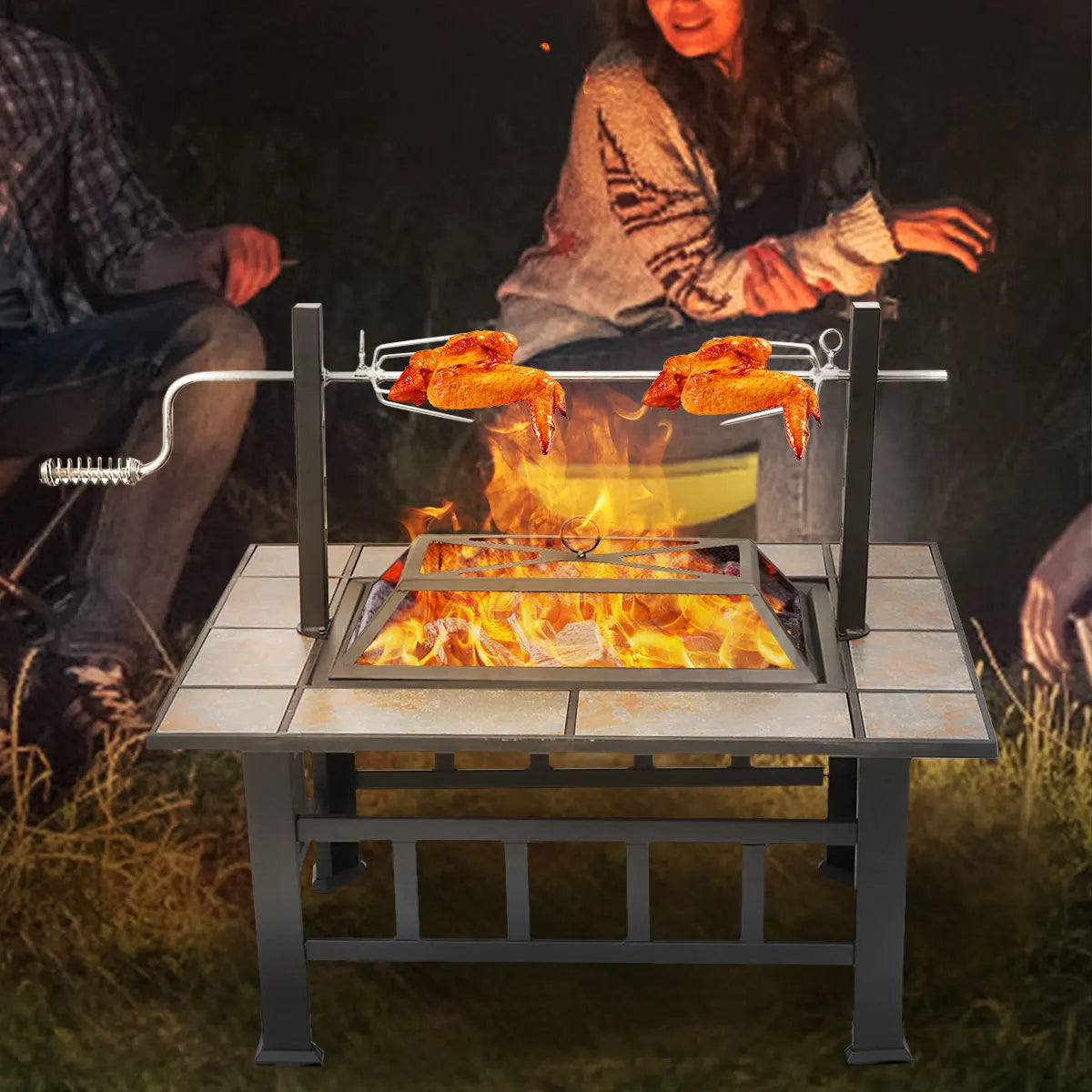 37" Outdoor Wood-Burning Fire Pit with Safety Screen, Steel Bowl & BBQ Grill Function