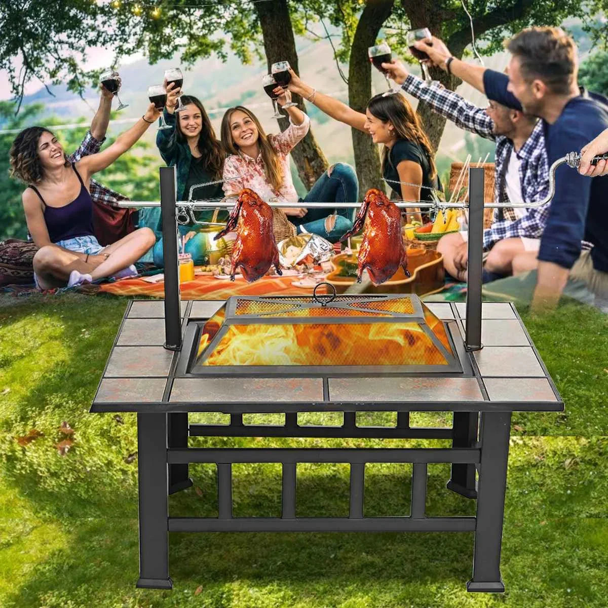 37" Outdoor Wood-Burning Fire Pit with Safety Screen, Steel Bowl & BBQ Grill Function