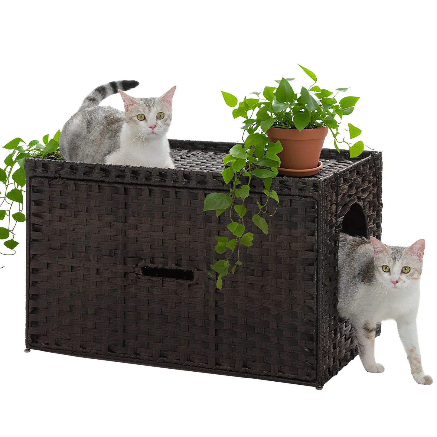 Rattan Cat Litter Box Enclosure Furniture with Door, Handwoven Hidden Litter Box, Odor Control, Cat House Bed