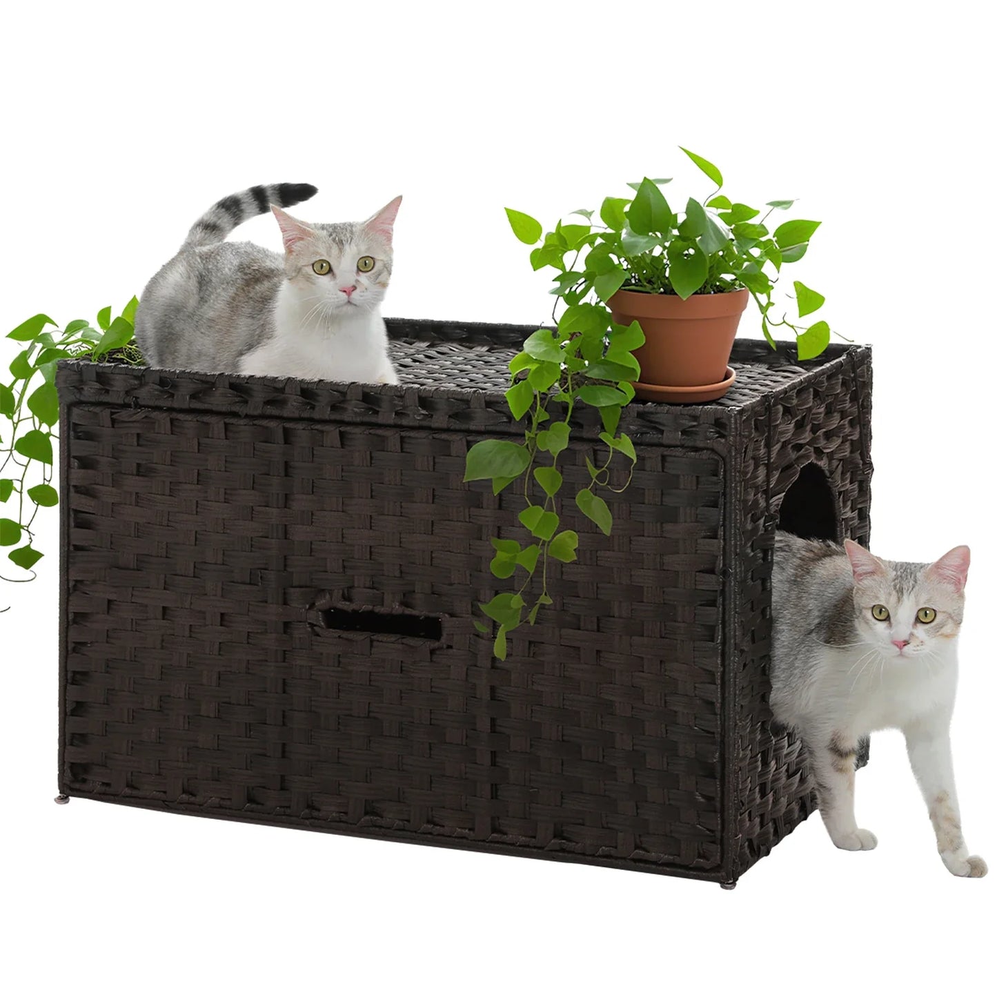 Rattan Cat Litter Box Enclosure Furniture with Door, Handwoven Hidden Litter Box, Odor Control, Cat House Bed