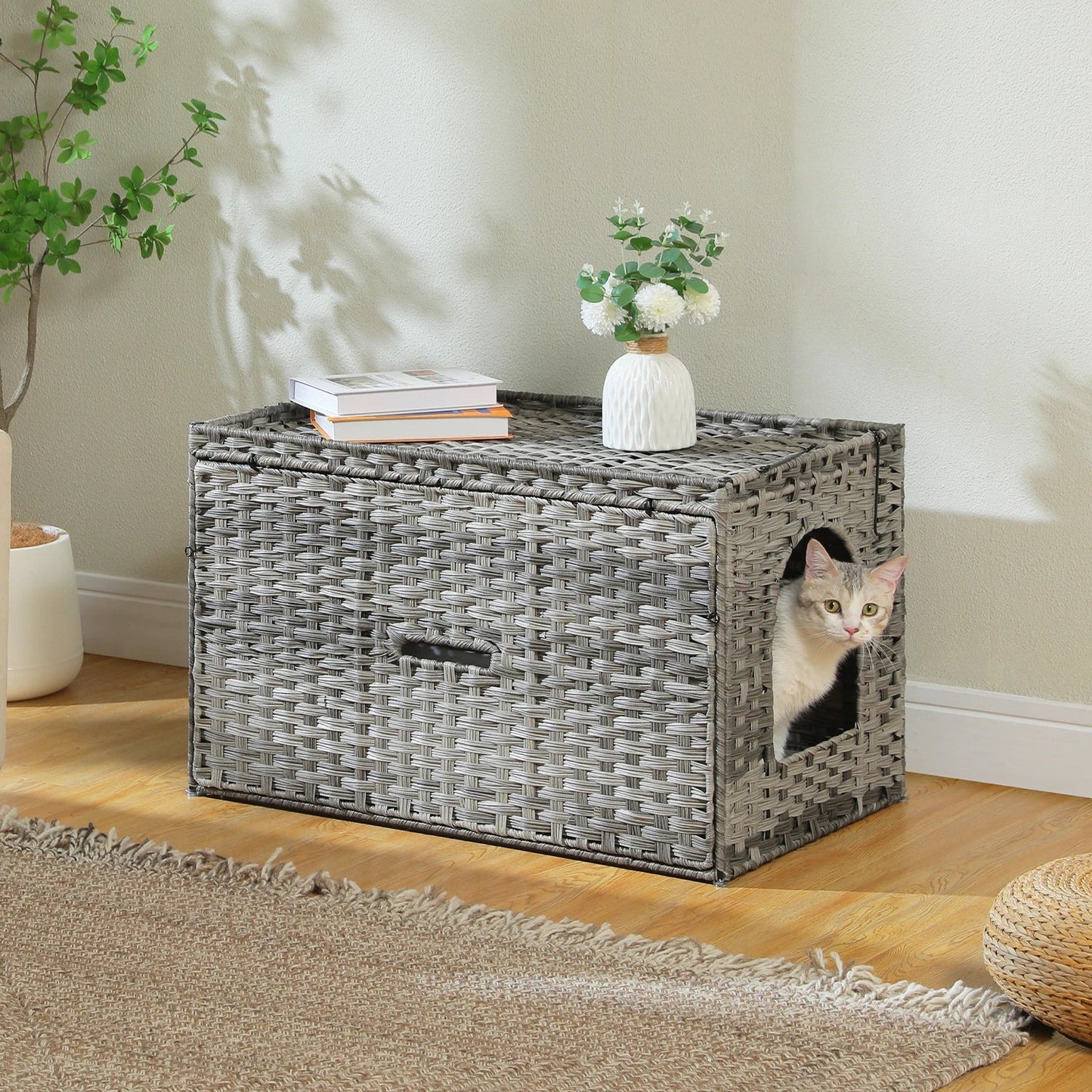 Rattan Cat Litter Box Enclosure Furniture with Door, Handwoven Hidden Litter Box, Odor Control, Cat House Bed