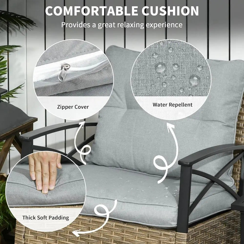 3-Piece Outdoor Wicker Rocking Chair Set with Cushions & 2-Tier Coffee Table, Light Gray