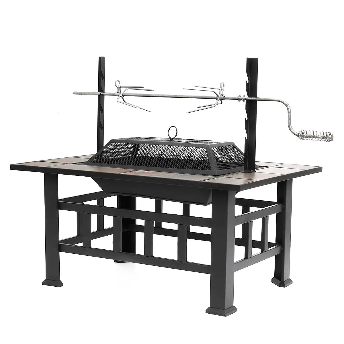 37" Outdoor Wood-Burning Fire Pit with Safety Screen, Steel Bowl & BBQ Grill Function