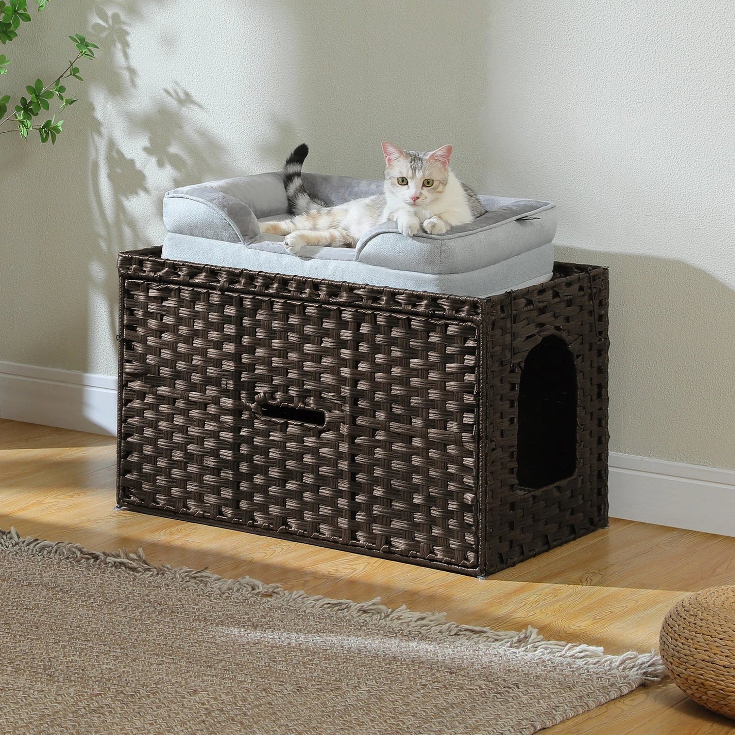 Rattan Cat Litter Box Enclosure Furniture with Door, Handwoven Hidden Litter Box, Odor Control, Cat House Bed