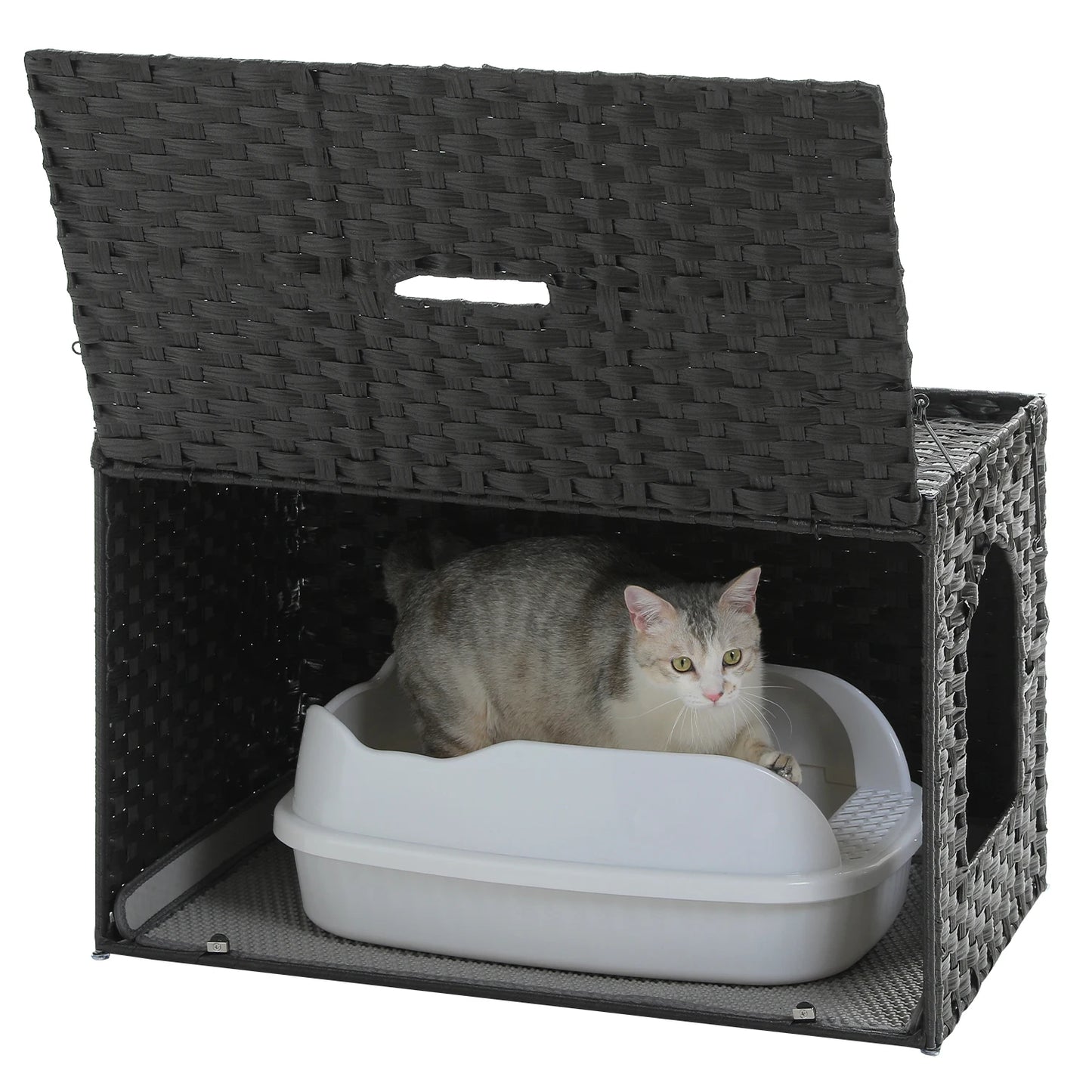 Rattan Cat Litter Box Enclosure Furniture with Door, Handwoven Hidden Litter Box, Odor Control, Cat House Bed