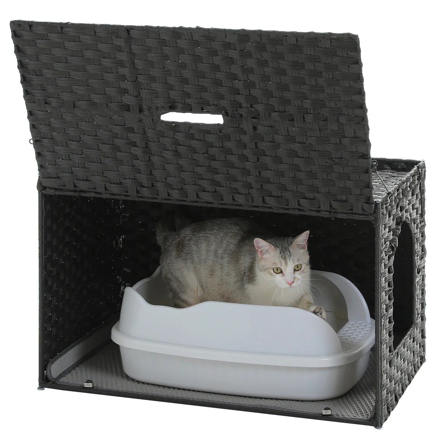 Rattan Cat Litter Box Enclosure Furniture with Door, Handwoven Hidden Litter Box, Odor Control, Cat House Bed