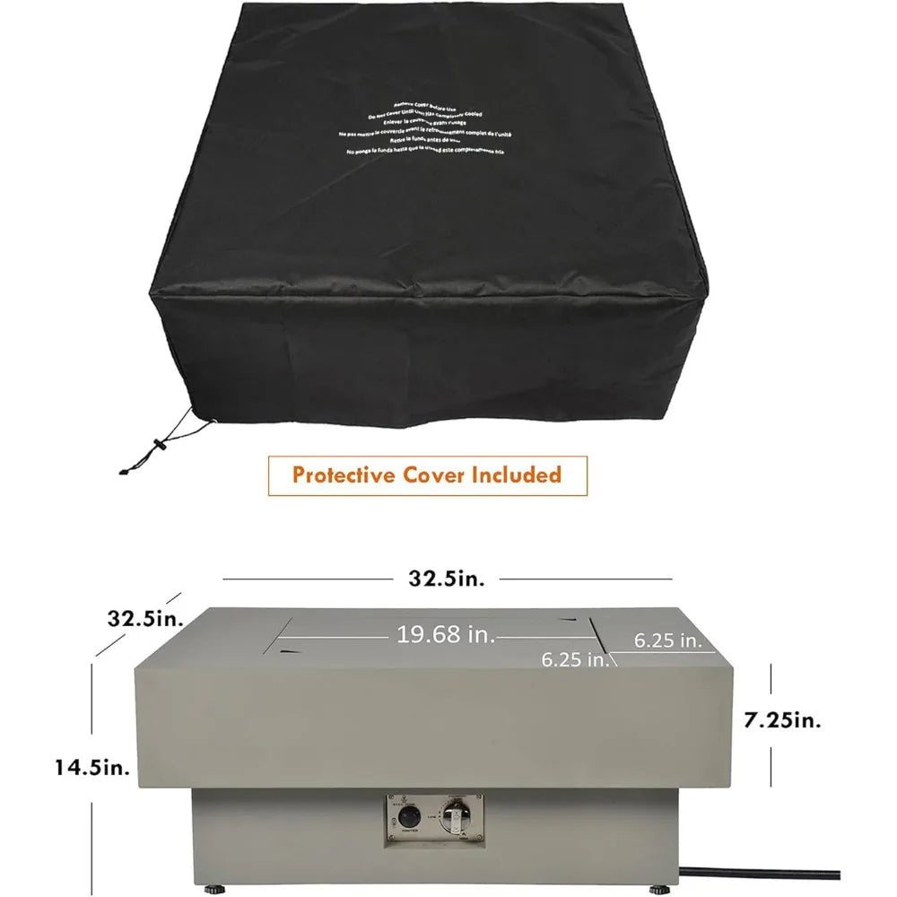 32.5-inch Fire Table with Natural Gas Conversion Kit, 50,000BTU Outdoor Modern Patio Fire Pit Table w/Square Burner Lid, Glass R